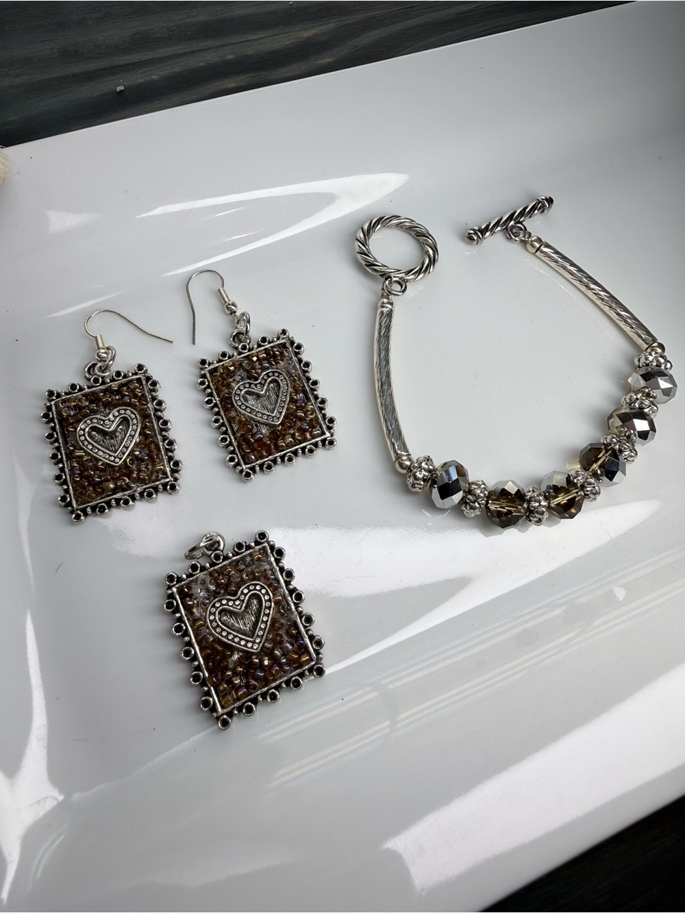Silver-Tone Brown Beaded Heart Pendant & Earring Set with Bracelet